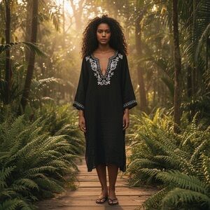 Chicos 100% Silk Black Embroidered Tunic Dress Size 3 XL Boho